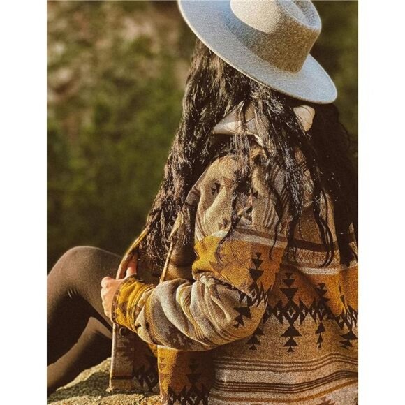 Multicolor Tan Aztec Southwestern Print Button Down Corduroy Shacket Jacket Coat - Picture 4 of 7